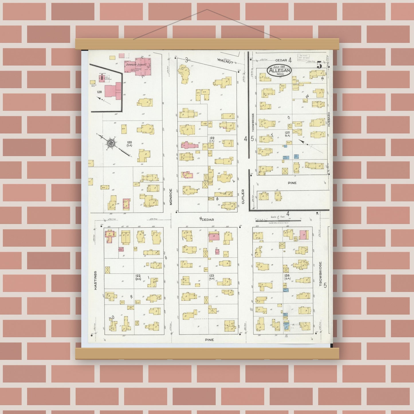 Old map wall art mockup — magnetic wood frame on brick wall — Sanborn Fire Insurance Map from Allegan, Allegan County, Michigan (1918), Sheet #0005