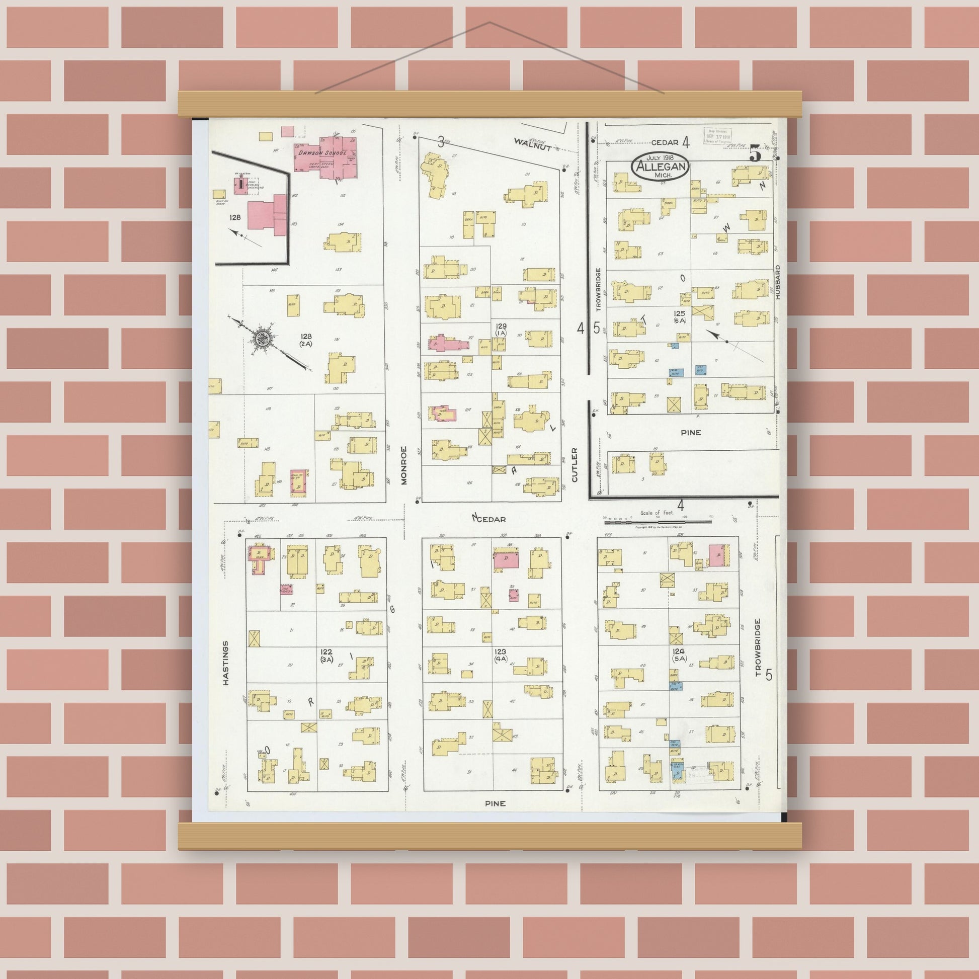 Old map wall art mockup — magnetic wood frame on brick wall — Sanborn Fire Insurance Map from Allegan, Allegan County, Michigan (1918), Sheet #0005