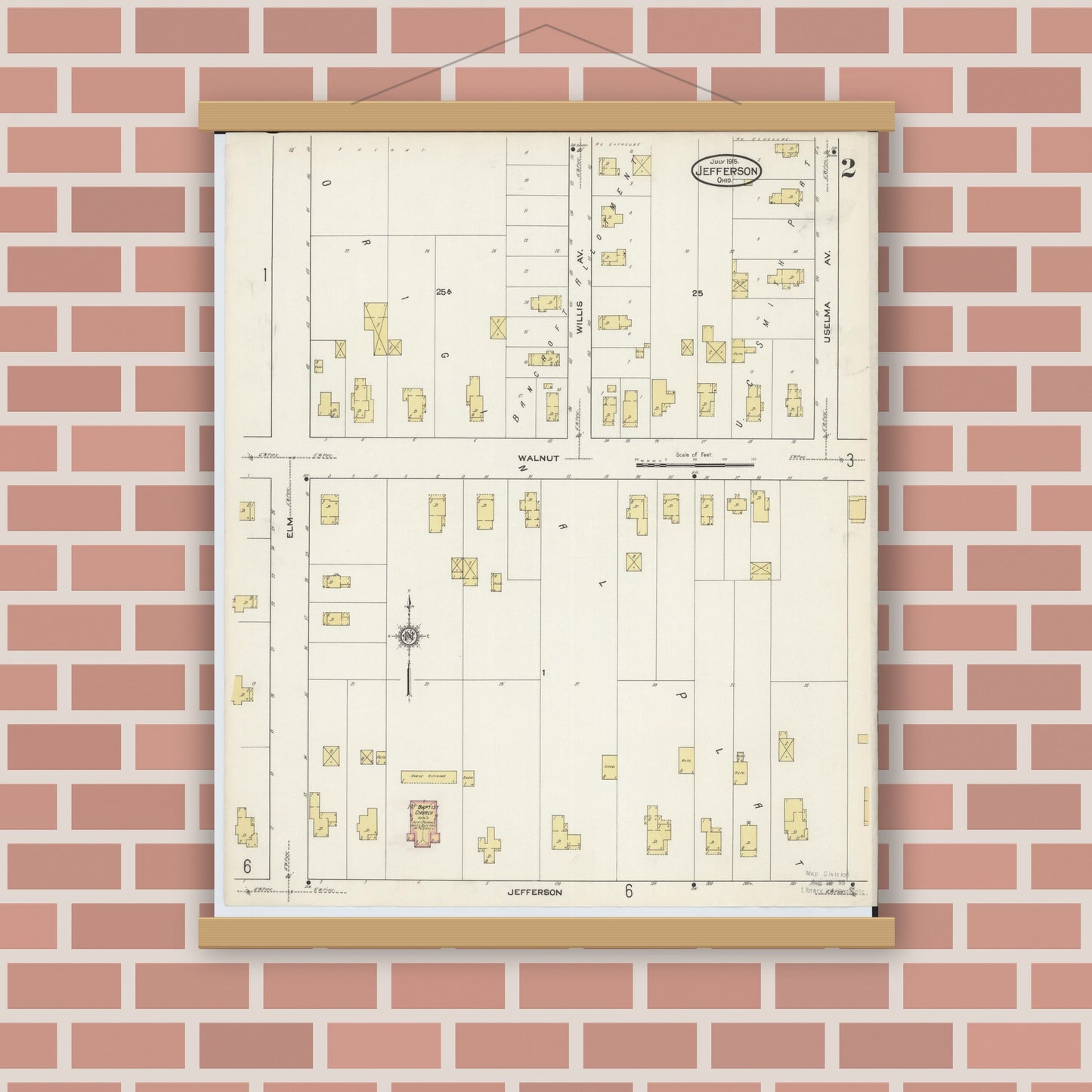Old map wall art mockup — magnetic wood frame on brick wall — Sanborn Fire Insurance Map from Jefferson, Ashtabula County, Ohio (1915), Sheet #0002