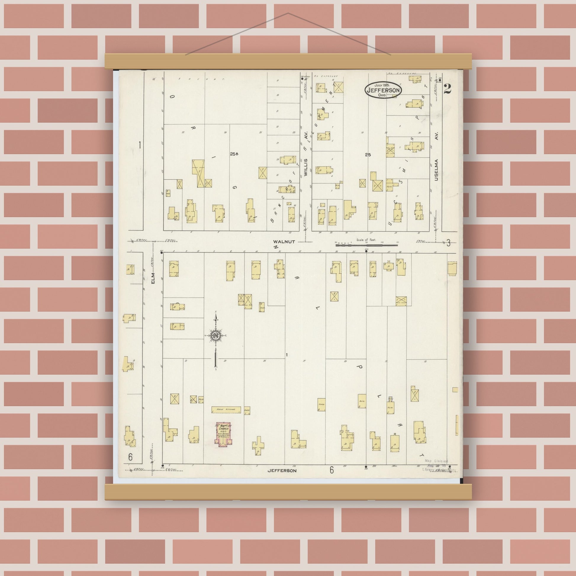 Old map wall art mockup — magnetic wood frame on brick wall — Sanborn Fire Insurance Map from Jefferson, Ashtabula County, Ohio (1915), Sheet #0002