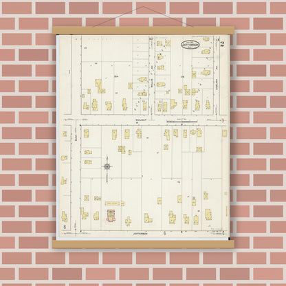 Old map wall art mockup — magnetic wood frame on brick wall — Sanborn Fire Insurance Map from Jefferson, Ashtabula County, Ohio (1915), Sheet #0002