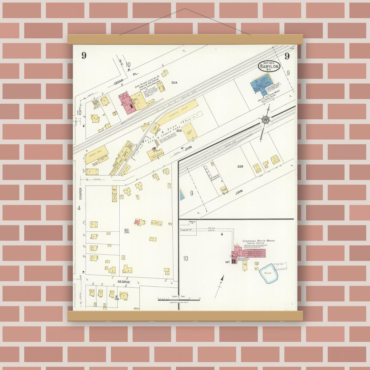 Old map wall art mockup — magnetic wood frame on brick wall — Sanborn Fire Insurance Map from Babylon, Suffolk County, New York (1923), Sheet #0009