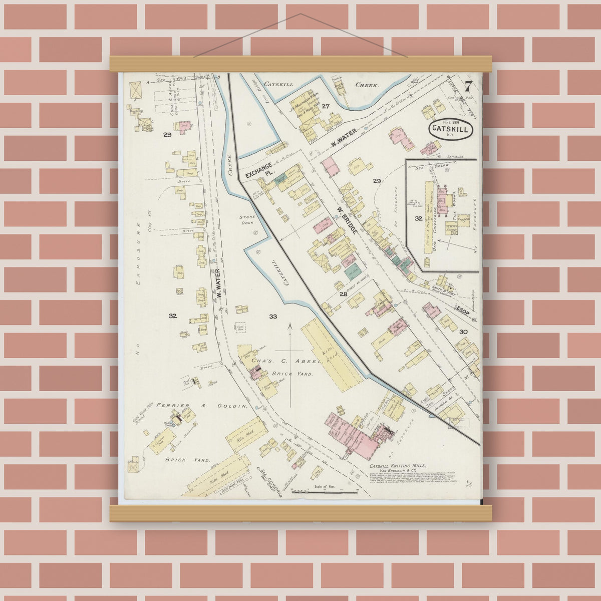 Old map wall art mockup — magnetic wood frame on brick wall — Sanborn Fire Insurance Map from Catskill, Greene County, New York (1889), Sheet #0007