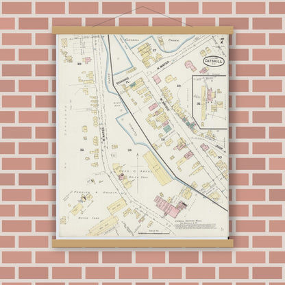 Old map wall art mockup — magnetic wood frame on brick wall — Sanborn Fire Insurance Map from Catskill, Greene County, New York (1889), Sheet #0007