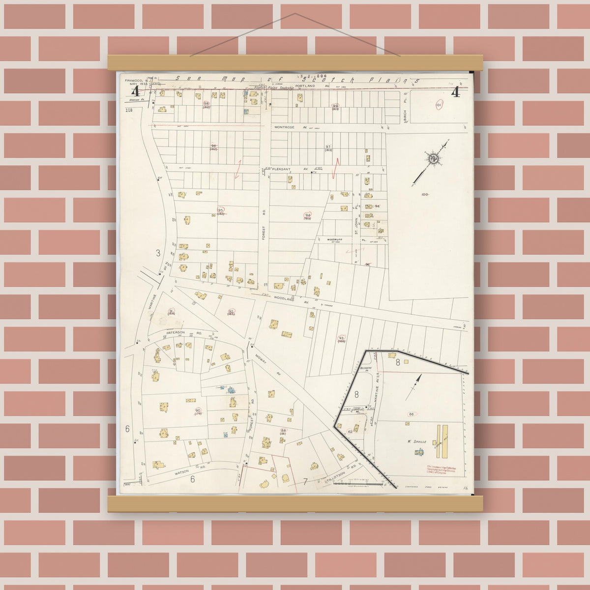 Old map wall art mockup — magnetic wood frame on brick wall — Sanborn Fire Insurance Map from Fanwood, Union County, New Jersey (1940), Sheet #0004