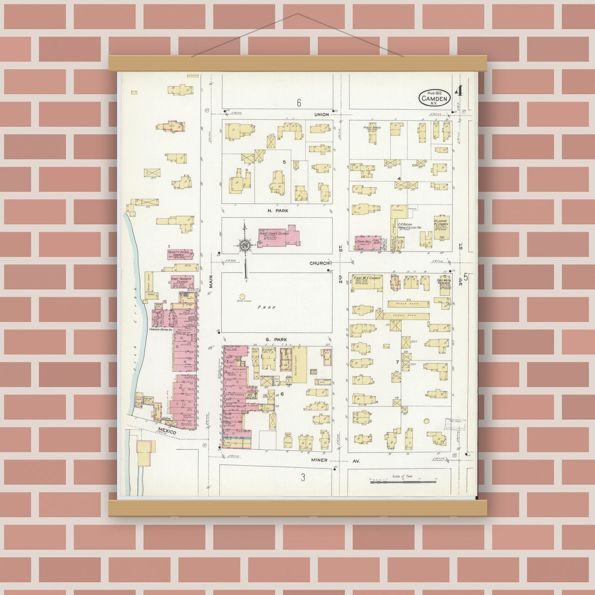 Old map wall art mockup — magnetic wood frame on brick wall — Sanborn Fire Insurance Map from Camden, Oneida County, New York (1912), Sheet #0004