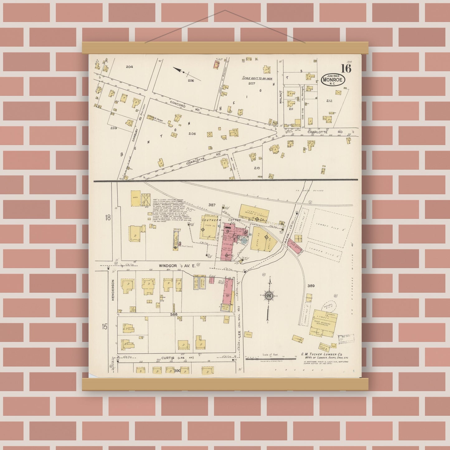 Old map wall art mockup — magnetic wood frame on brick wall — Sanborn Fire Insurance Map from Monroe, Union County, North Carolina (1922), Sheet #0016