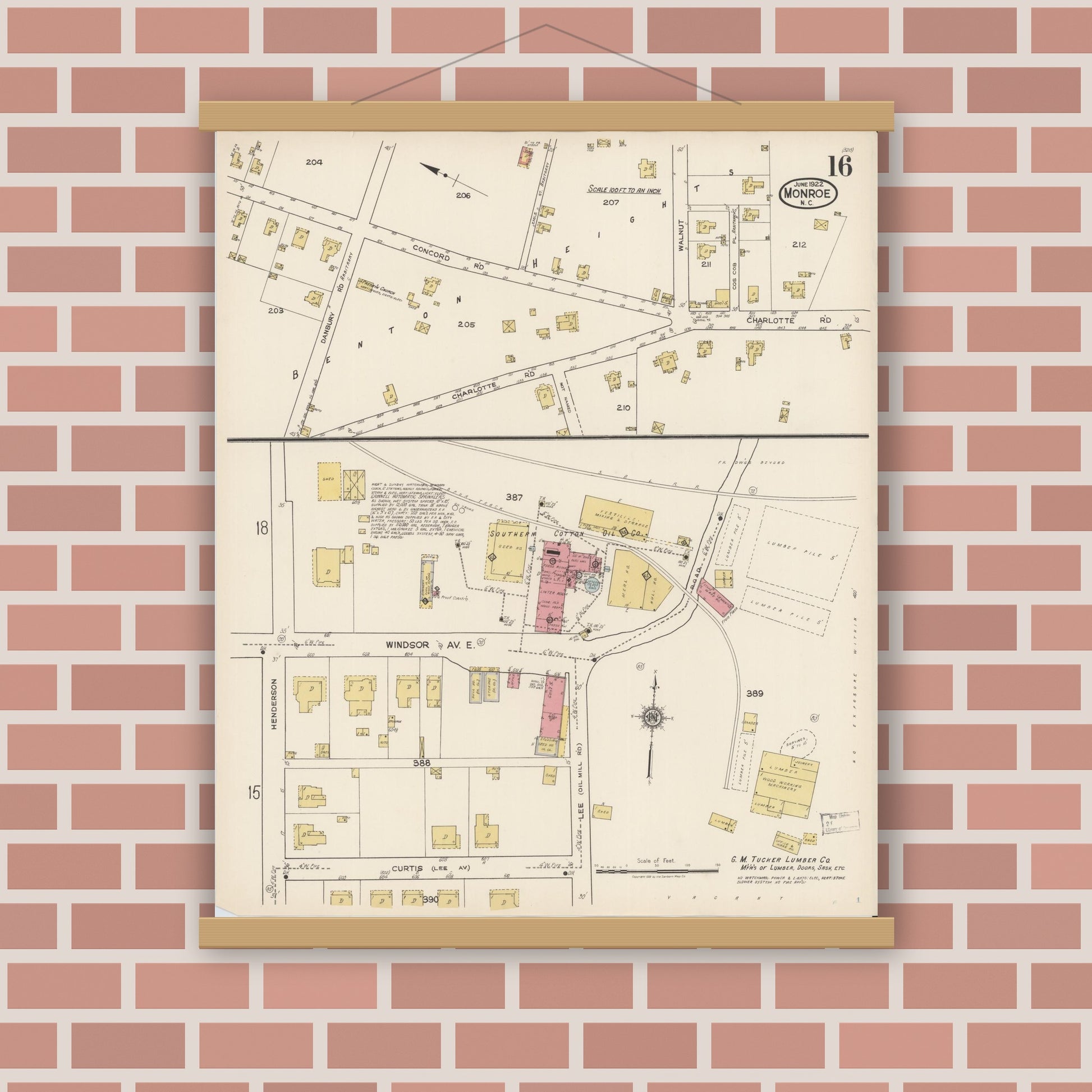 Old map wall art mockup — magnetic wood frame on brick wall — Sanborn Fire Insurance Map from Monroe, Union County, North Carolina (1922), Sheet #0016