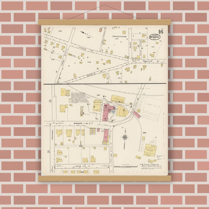 Old map wall art mockup — magnetic wood frame on brick wall — Sanborn Fire Insurance Map from Monroe, Union County, North Carolina (1922), Sheet #0016