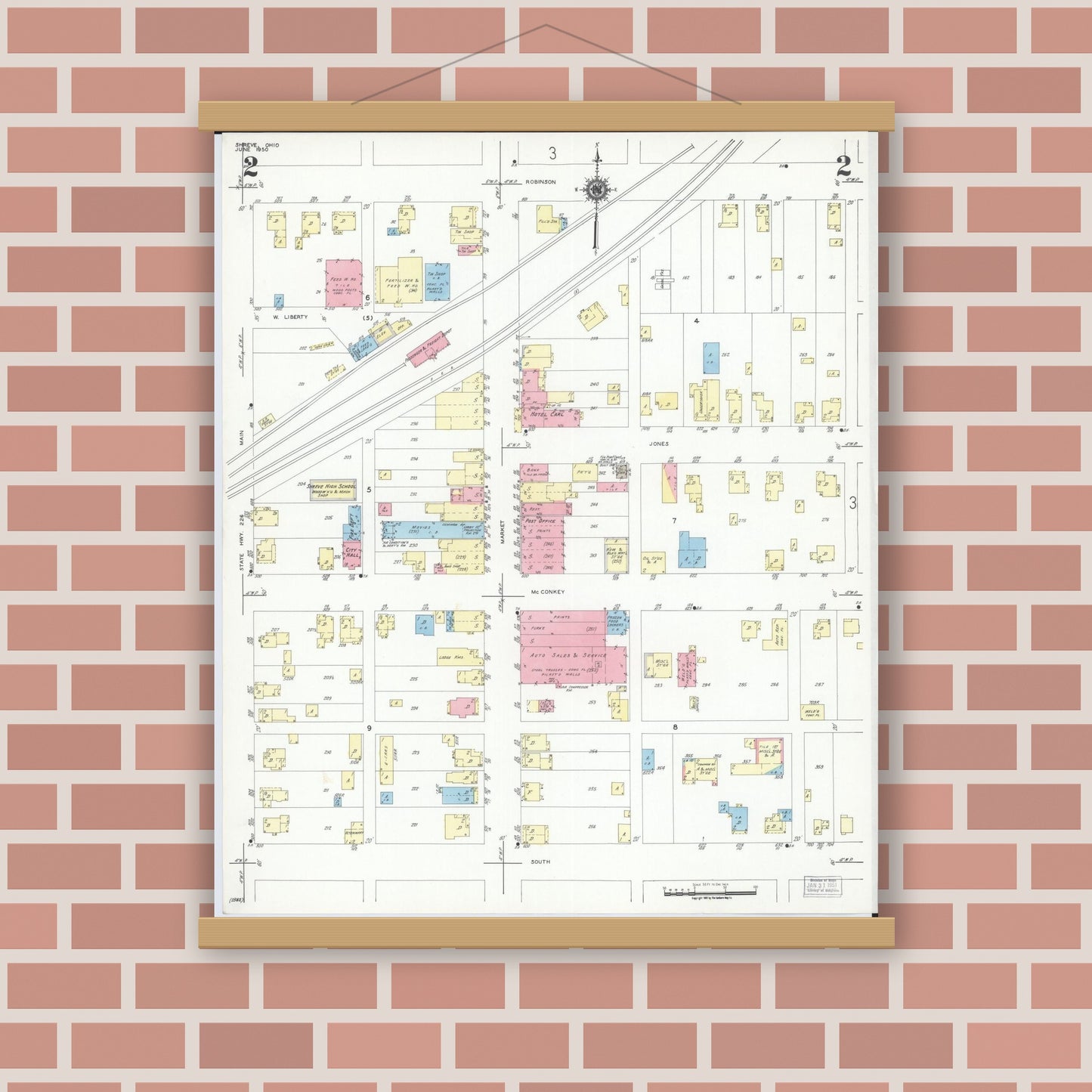 Old map wall art mockup — magnetic wood frame on brick wall — Sanborn Fire Insurance Map from Shreve, Wayne County, Ohio (1950), Sheet #0002