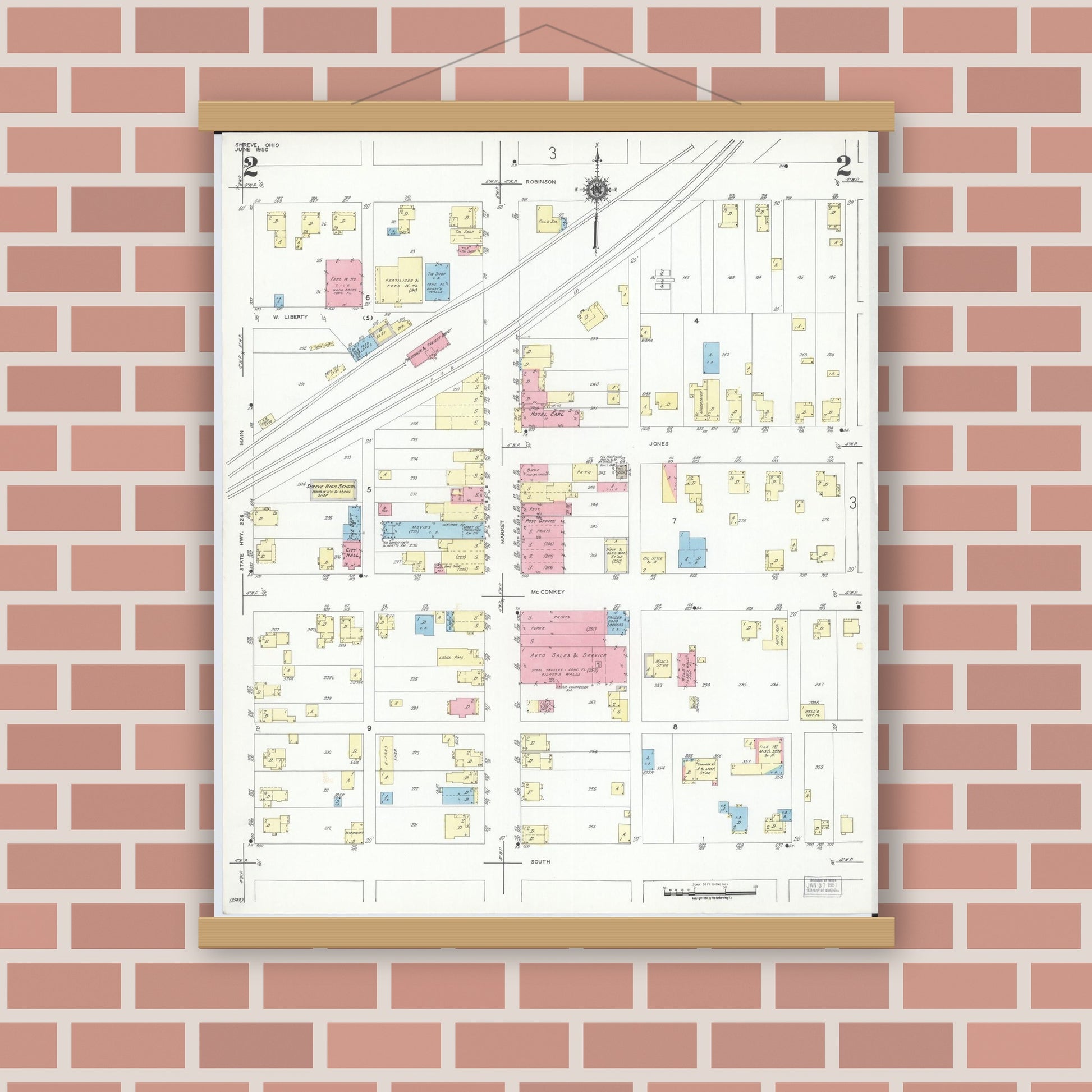 Old map wall art mockup — magnetic wood frame on brick wall — Sanborn Fire Insurance Map from Shreve, Wayne County, Ohio (1950), Sheet #0002