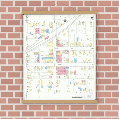 Old map wall art mockup — magnetic wood frame on brick wall — Sanborn Fire Insurance Map from Shreve, Wayne County, Ohio (1950), Sheet #0002