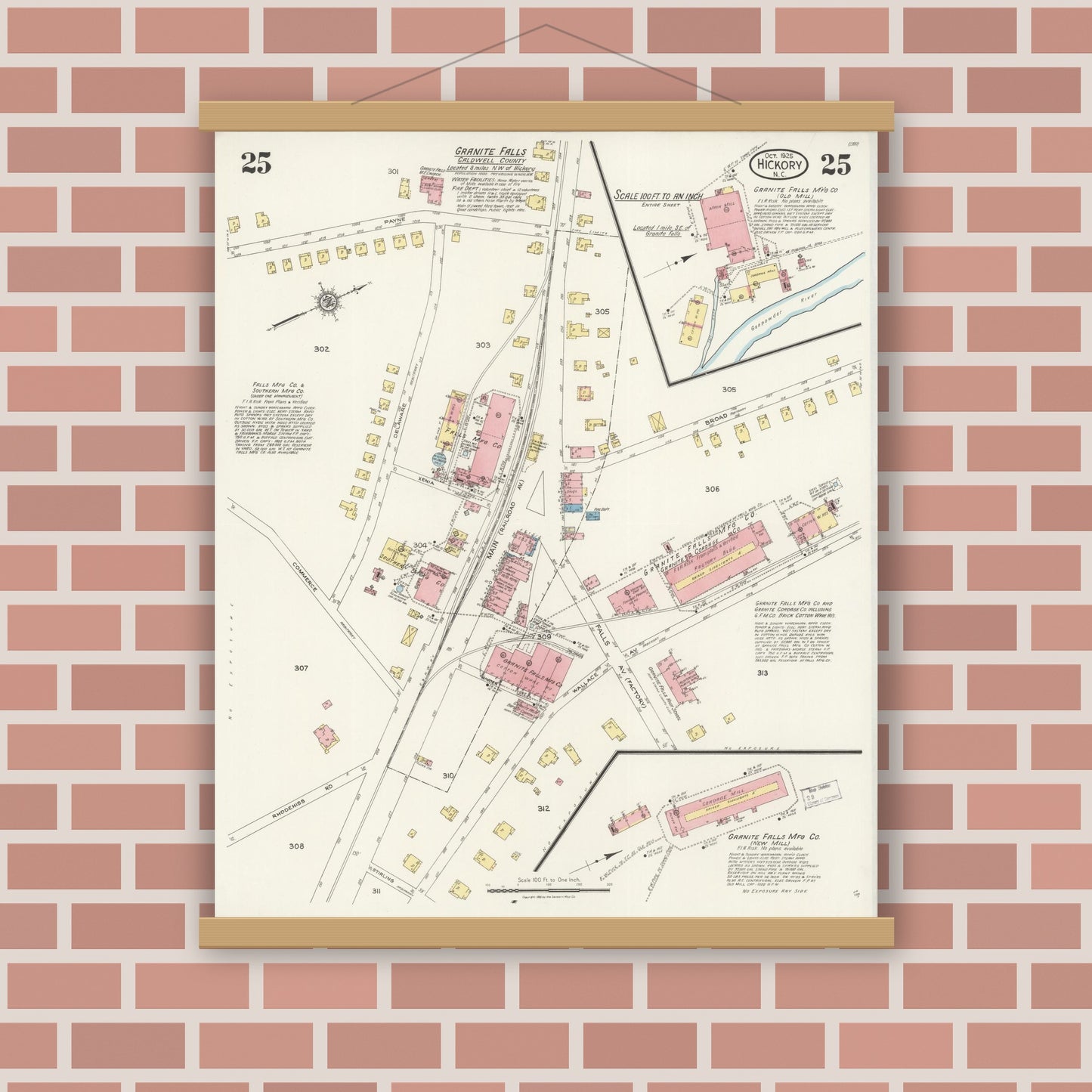 Old map wall art mockup — magnetic wood frame on brick wall — Sanborn Fire Insurance Map from Hickory, Catawba County, North Carolina (1925), Sheet #0025