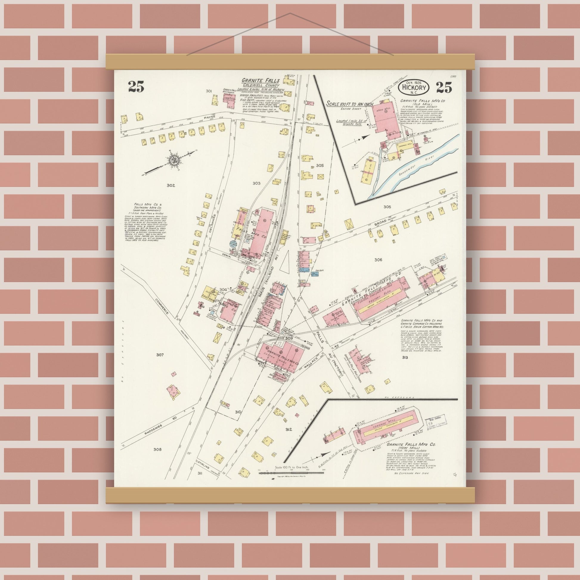 Old map wall art mockup — magnetic wood frame on brick wall — Sanborn Fire Insurance Map from Hickory, Catawba County, North Carolina (1925), Sheet #0025