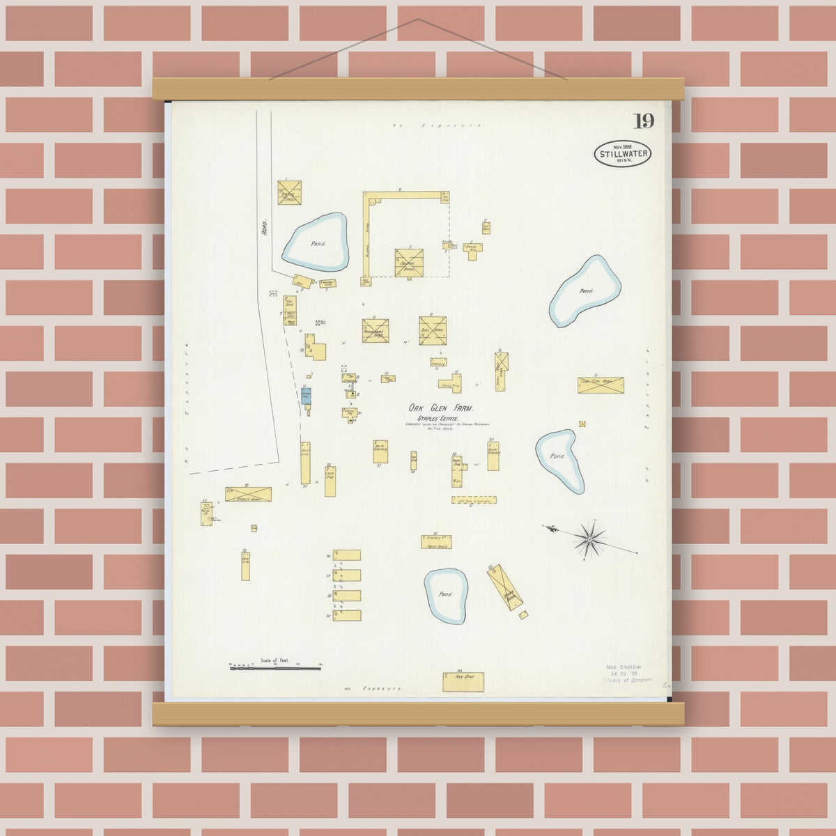Old map wall art mockup — magnetic wood frame on brick wall — Sanborn Fire Insurance Map from Stillwater, Washington County, Minnesota (1898), Sheet #0019