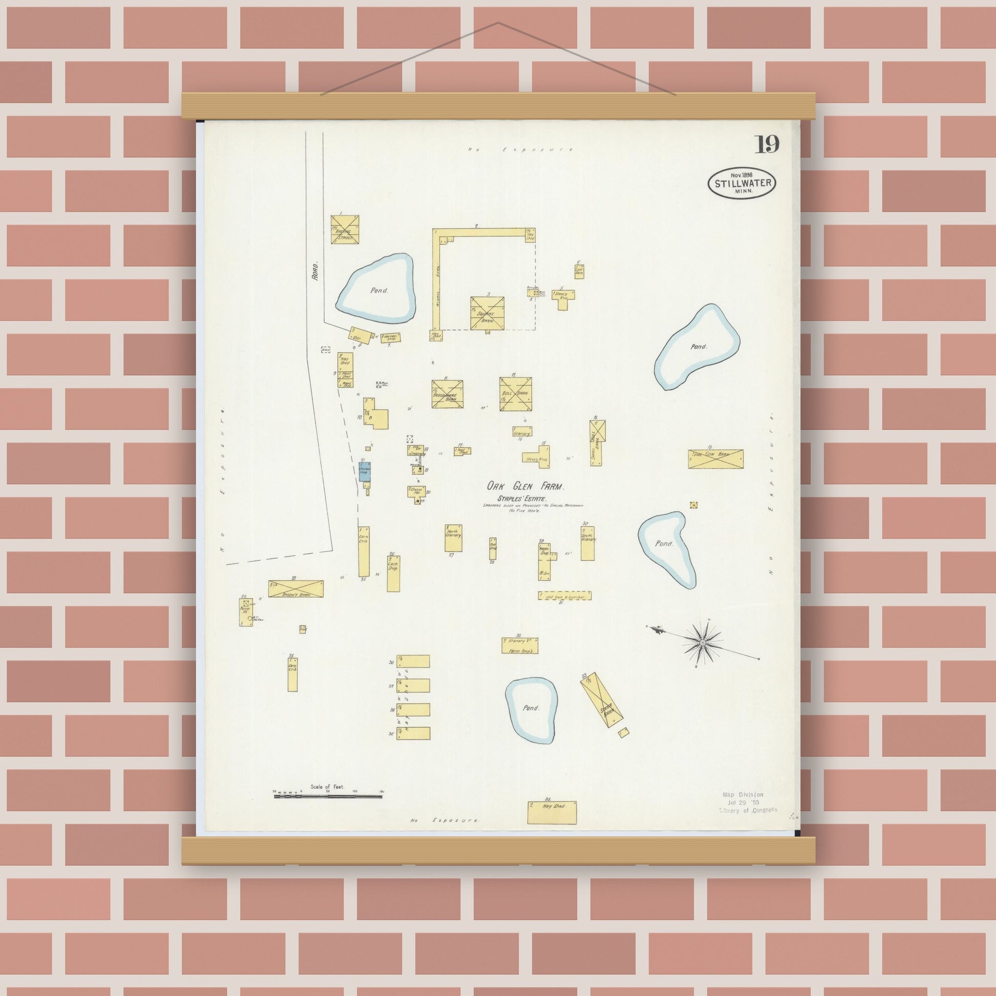 Old map wall art mockup — magnetic wood frame on brick wall — Sanborn Fire Insurance Map from Stillwater, Washington County, Minnesota (1898), Sheet #0019