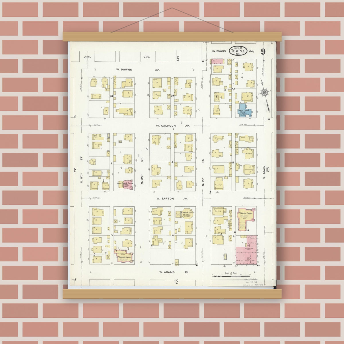 Old map wall art mockup — magnetic wood frame on brick wall — Sanborn Fire Insurance Map from Temple, Bell County, Texas (1915), Sheet #0009