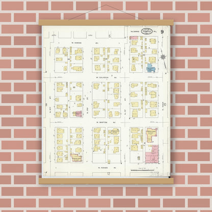 Old map wall art mockup — magnetic wood frame on brick wall — Sanborn Fire Insurance Map from Temple, Bell County, Texas (1915), Sheet #0009