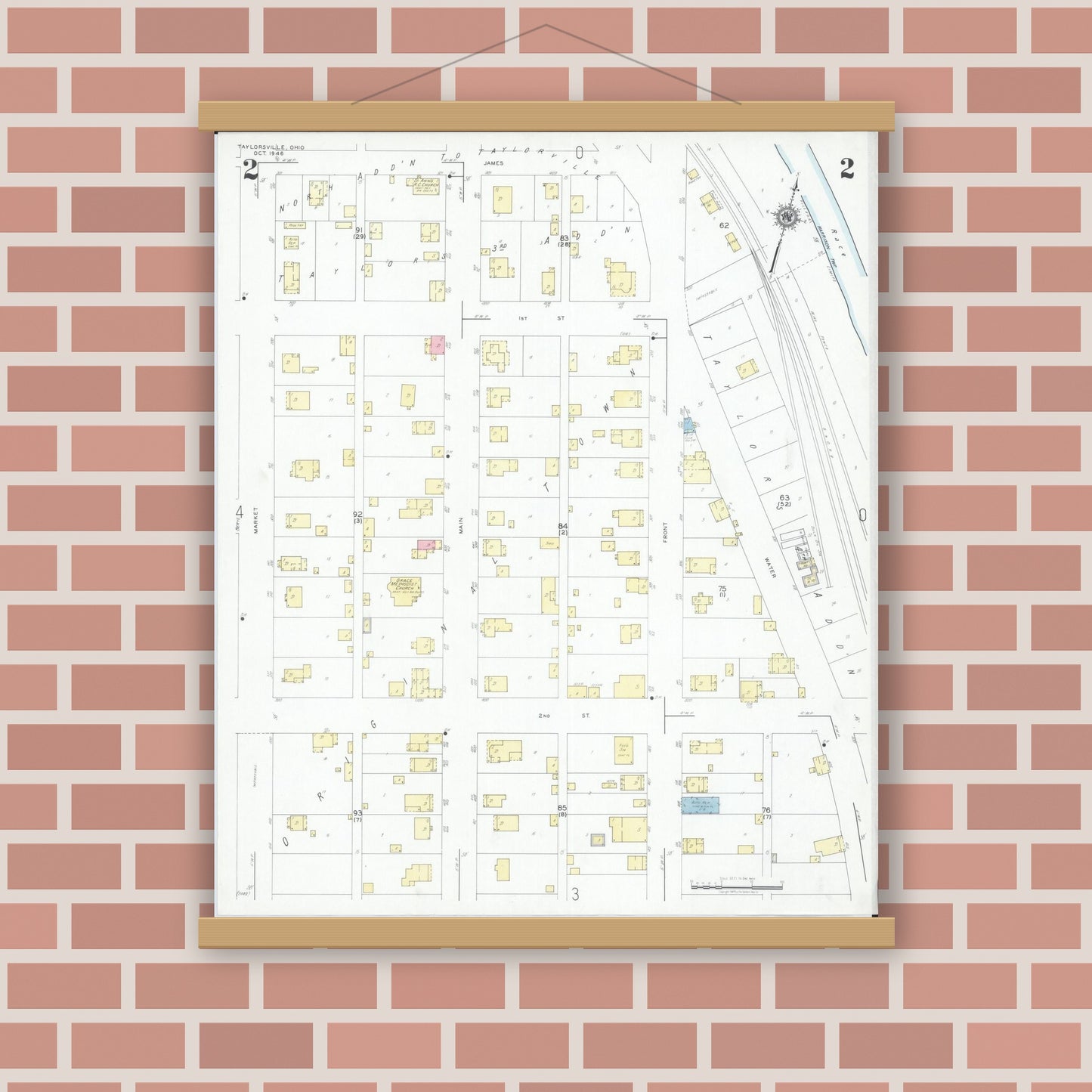 Old map wall art mockup — magnetic wood frame on brick wall — Sanborn Fire Insurance Map from Taylorsville, Muskingum County, Ohio (1946), Sheet #0002