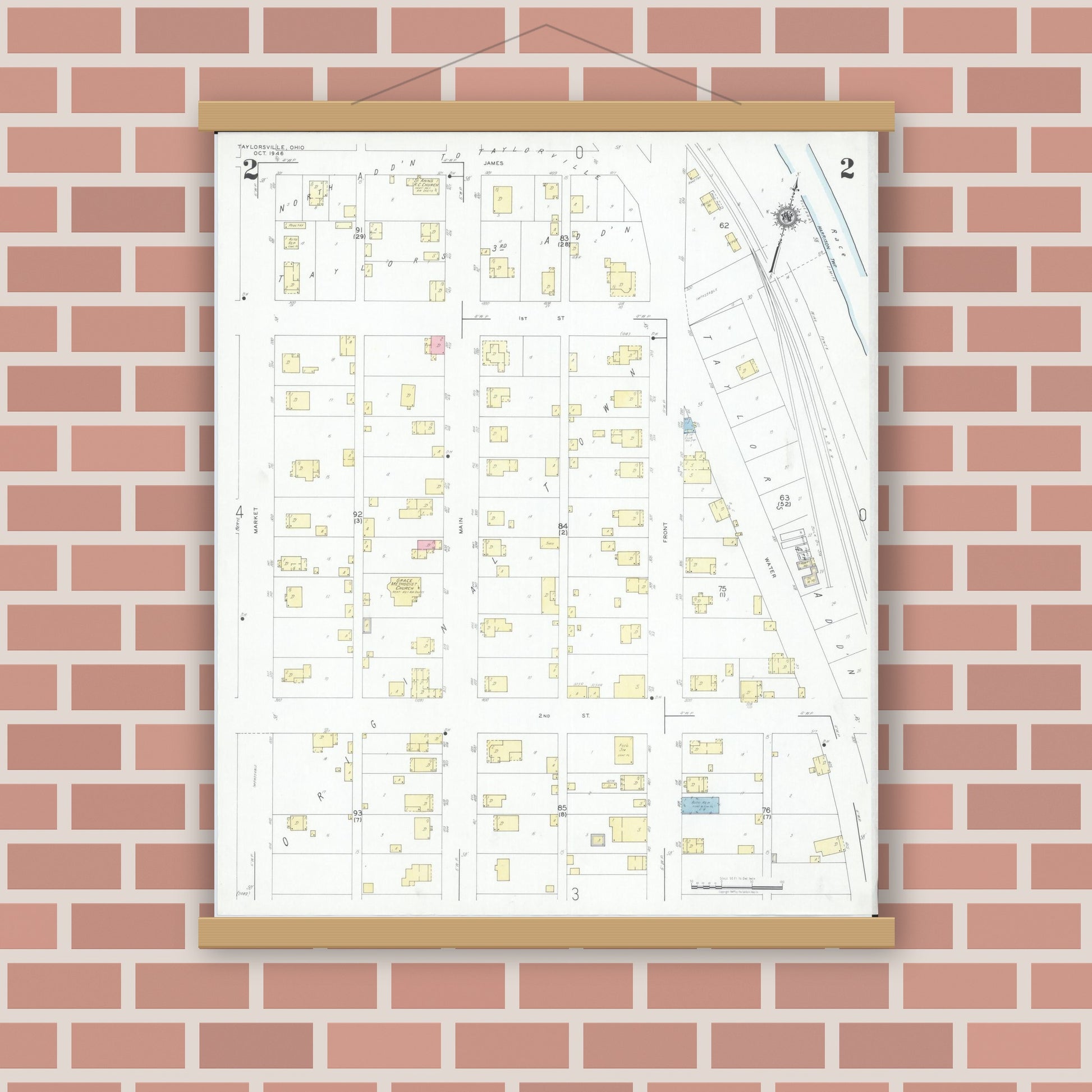 Old map wall art mockup — magnetic wood frame on brick wall — Sanborn Fire Insurance Map from Taylorsville, Muskingum County, Ohio (1946), Sheet #0002