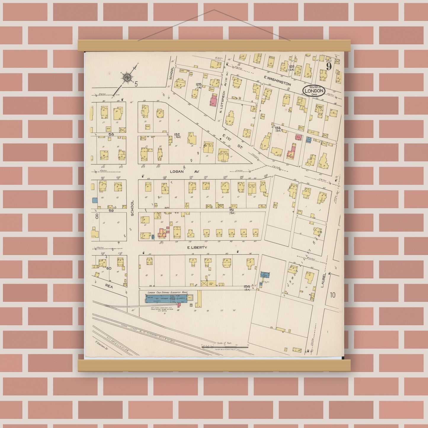 Old map wall art mockup — magnetic wood frame on brick wall — Sanborn Fire Insurance Map from London, Madison County, Ohio (1921), Sheet #0009