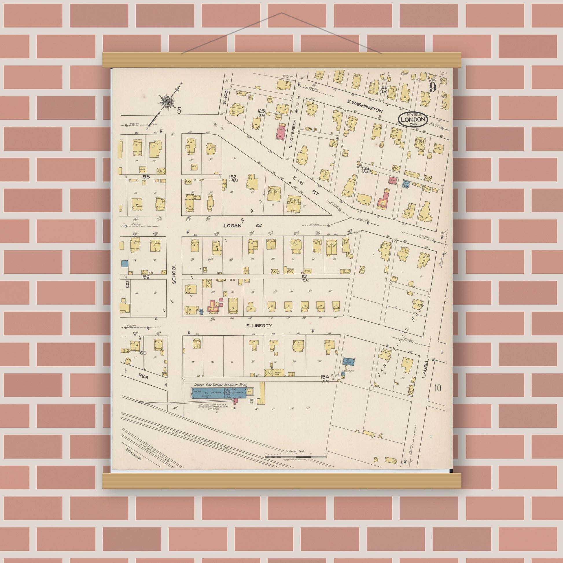 Old map wall art mockup — magnetic wood frame on brick wall — Sanborn Fire Insurance Map from London, Madison County, Ohio (1921), Sheet #0009
