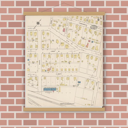 Old map wall art mockup — magnetic wood frame on brick wall — Sanborn Fire Insurance Map from London, Madison County, Ohio (1921), Sheet #0009
