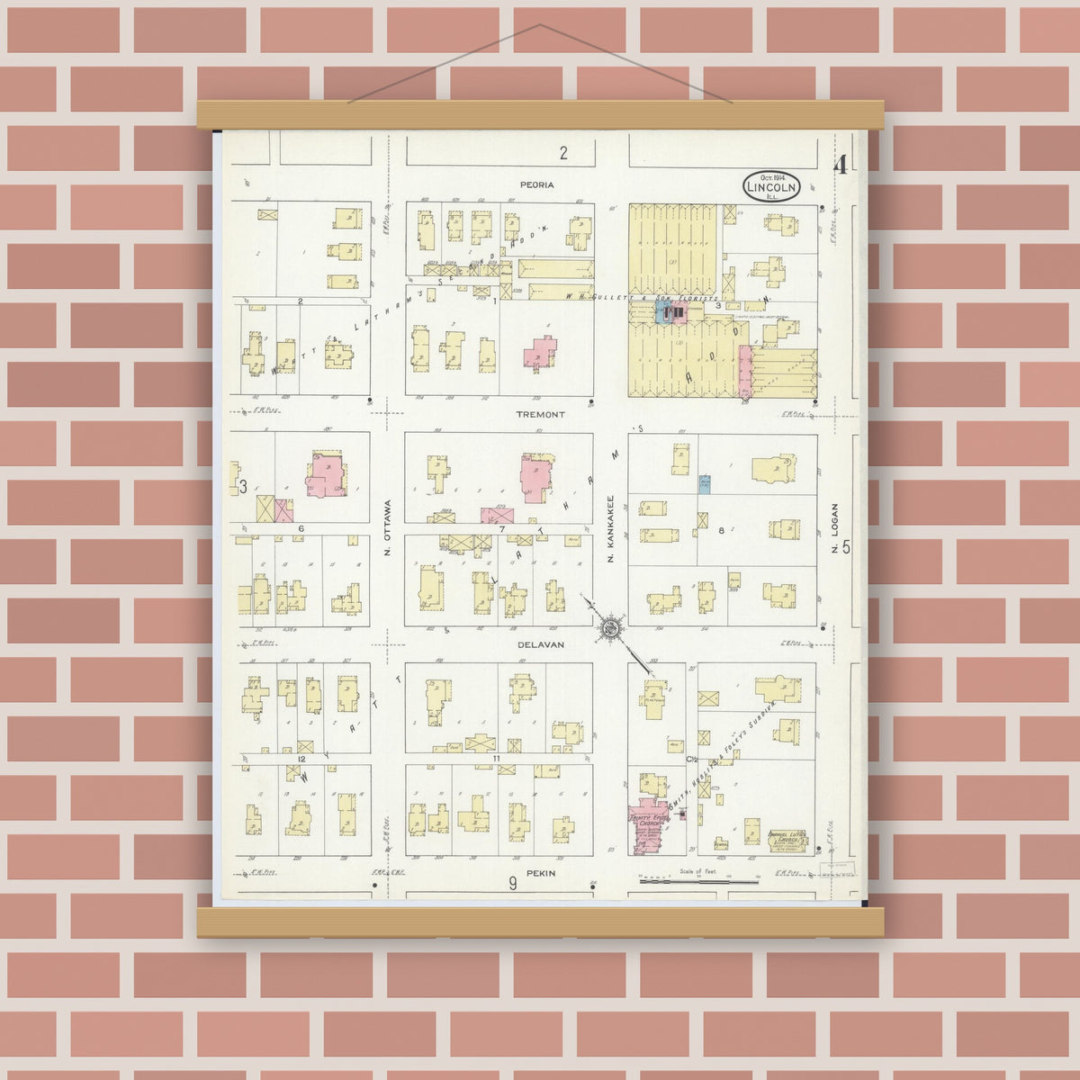Old map wall art mockup — magnetic wood frame on brick wall — Sanborn Fire Insurance Map from Lincoln, Logan County, Illinois (1914), Sheet #0004