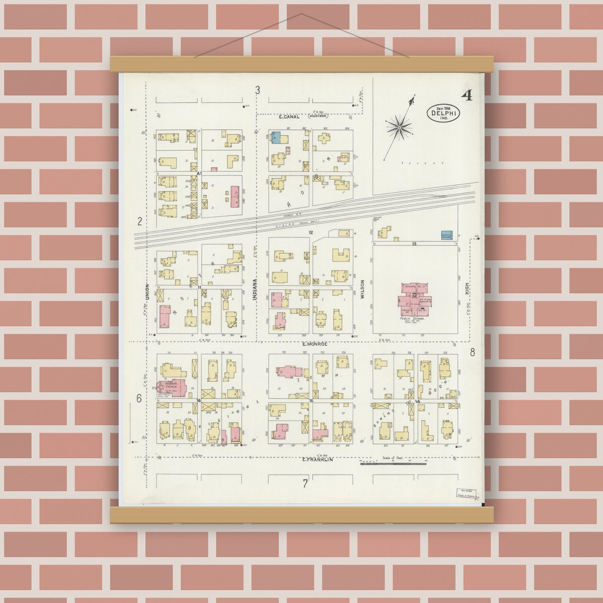 Old map wall art mockup — magnetic wood frame on brick wall — Sanborn Fire Insurance Map from Delphi, Carroll County, Indiana (1906), Sheet #0004