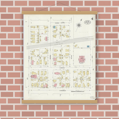 Old map wall art mockup — magnetic wood frame on brick wall — Sanborn Fire Insurance Map from Delphi, Carroll County, Indiana (1906), Sheet #0004