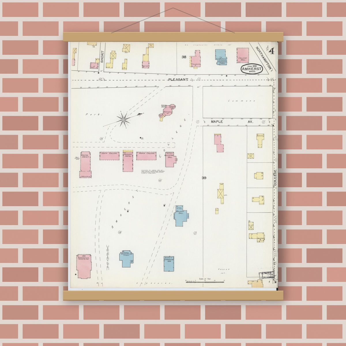 Old map wall art mockup — magnetic wood frame on brick wall — Sanborn Fire Insurance Map from Amherst, Hampshire County, Massachusetts (1892), Sheet #0004