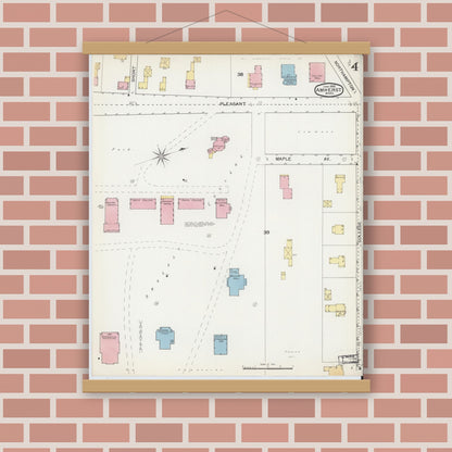 Old map wall art mockup — magnetic wood frame on brick wall — Sanborn Fire Insurance Map from Amherst, Hampshire County, Massachusetts (1892), Sheet #0004