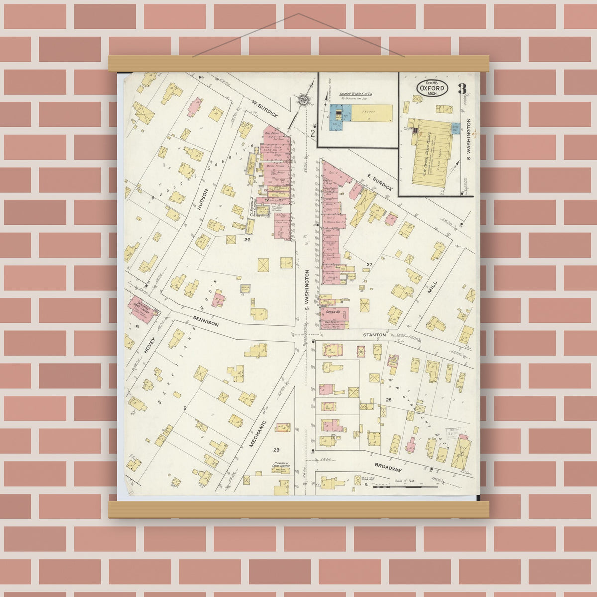 Old map wall art mockup — magnetic wood frame on brick wall — Sanborn Fire Insurance Map from Oxford, Oakland County, Michigan (1915), Sheet #0003