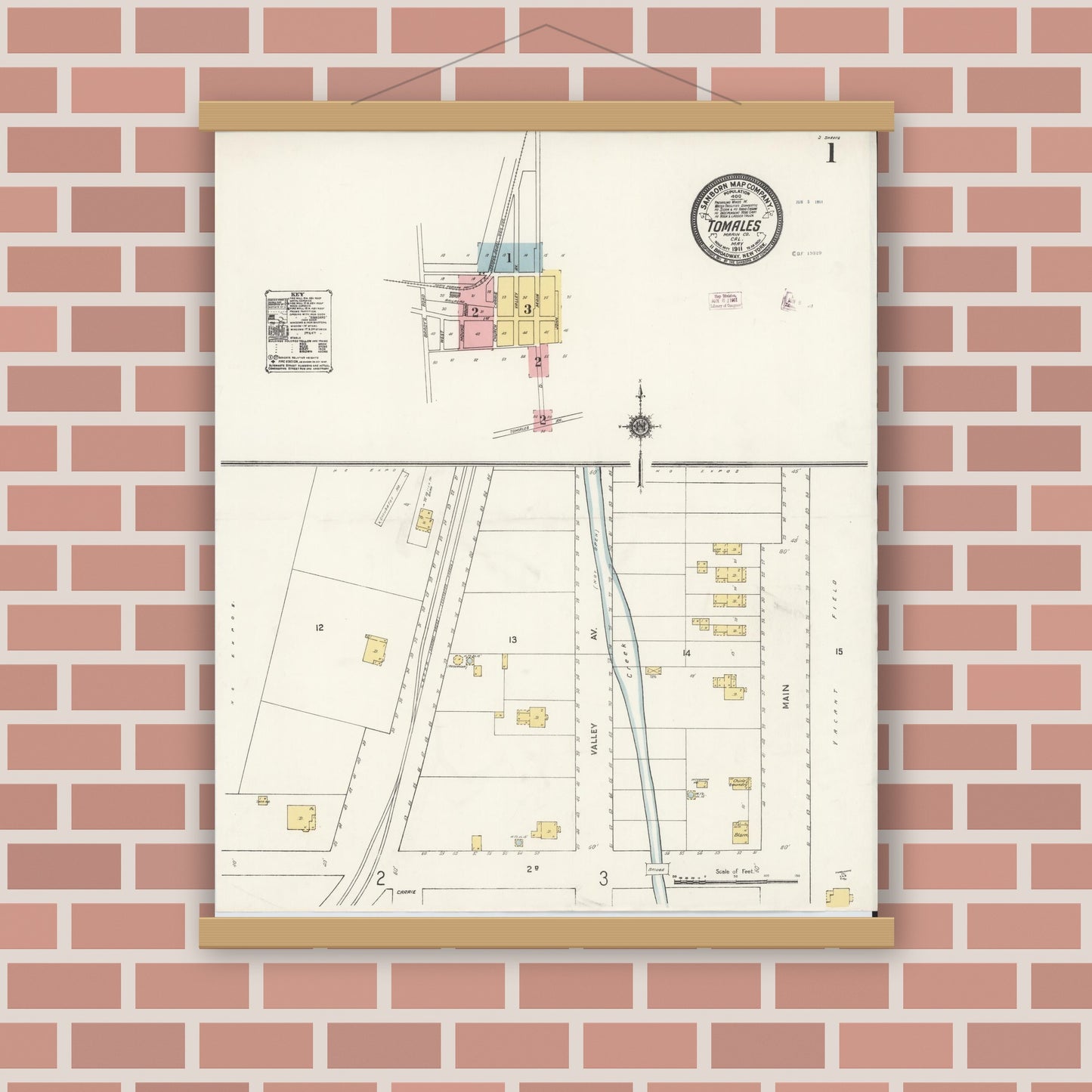 Old map wall art mockup — magnetic wood frame on brick wall — Sanborn Fire Insurance Map from Tomales, Marin County, California (1911) - Complete Map Set