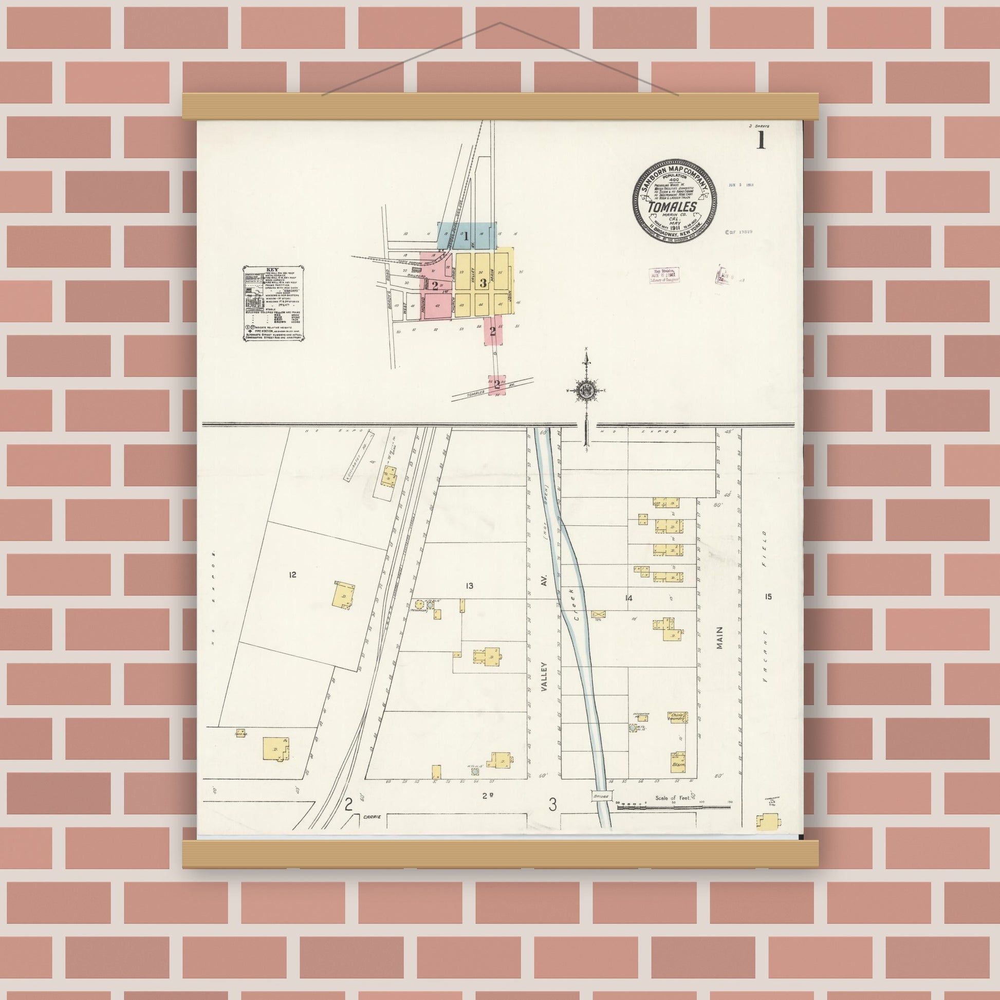 Old map wall art mockup — magnetic wood frame on brick wall — Sanborn Fire Insurance Map from Tomales, Marin County, California (1911) - Complete Map Set