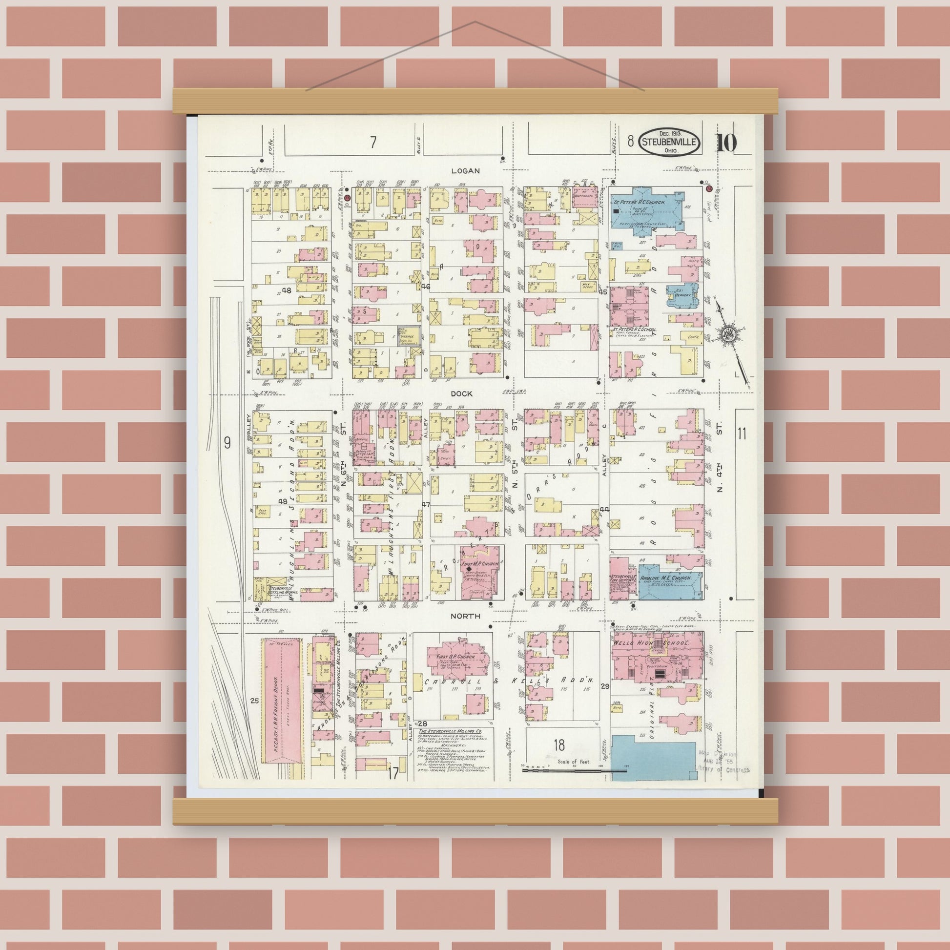 Old map wall art mockup — magnetic wood frame on brick wall — Sanborn Fire Insurance Map from Steubenville, Jefferson County, Ohio (1913), Sheet #0010