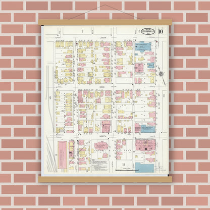 Old map wall art mockup — magnetic wood frame on brick wall — Sanborn Fire Insurance Map from Steubenville, Jefferson County, Ohio (1913), Sheet #0010
