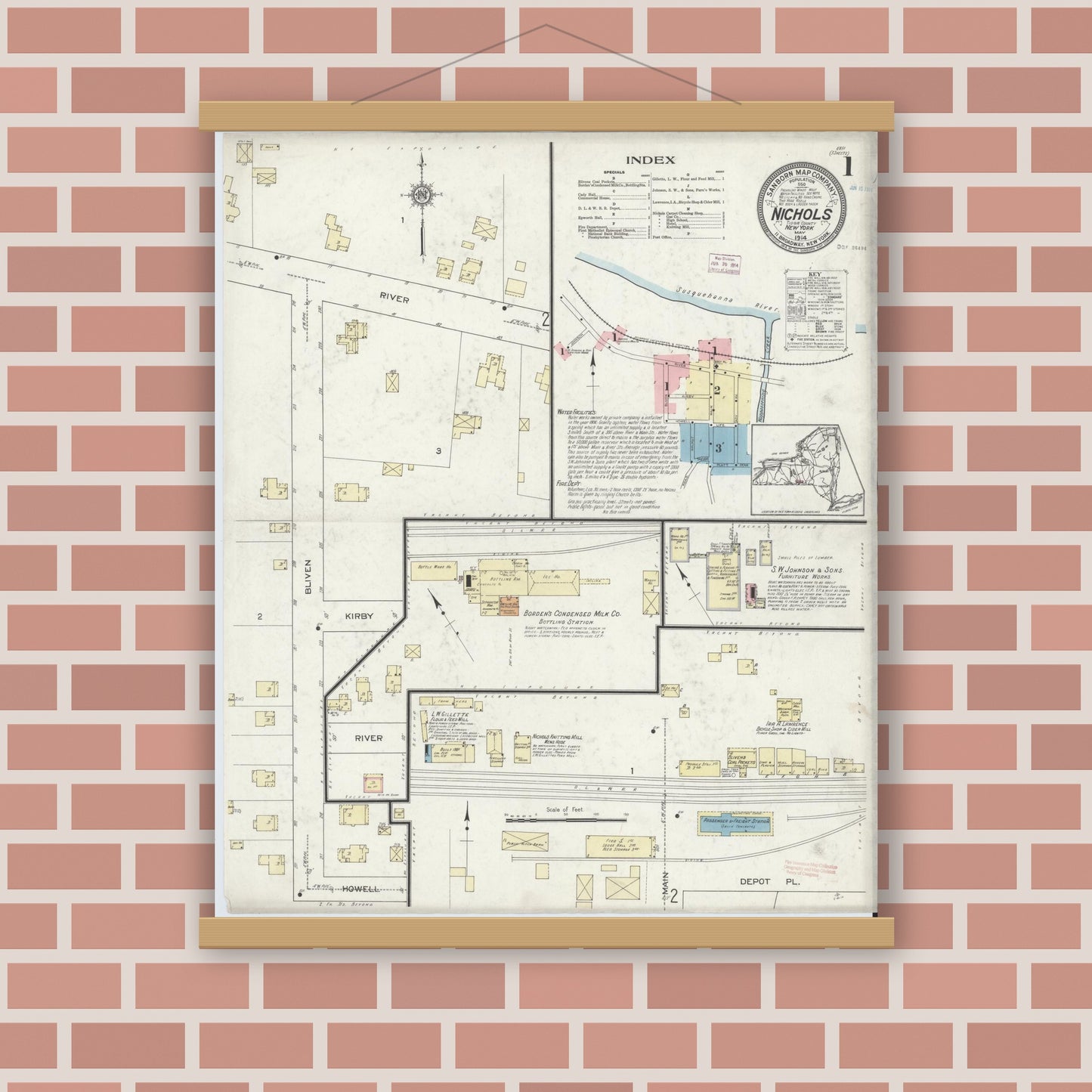 Old map wall art mockup — magnetic wood frame on brick wall — Sanborn Fire Insurance Map from Nichols, Tioga County, New York (1914), Sheet #0001