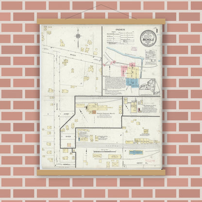 Old map wall art mockup — magnetic wood frame on brick wall — Sanborn Fire Insurance Map from Nichols, Tioga County, New York (1914), Sheet #0001