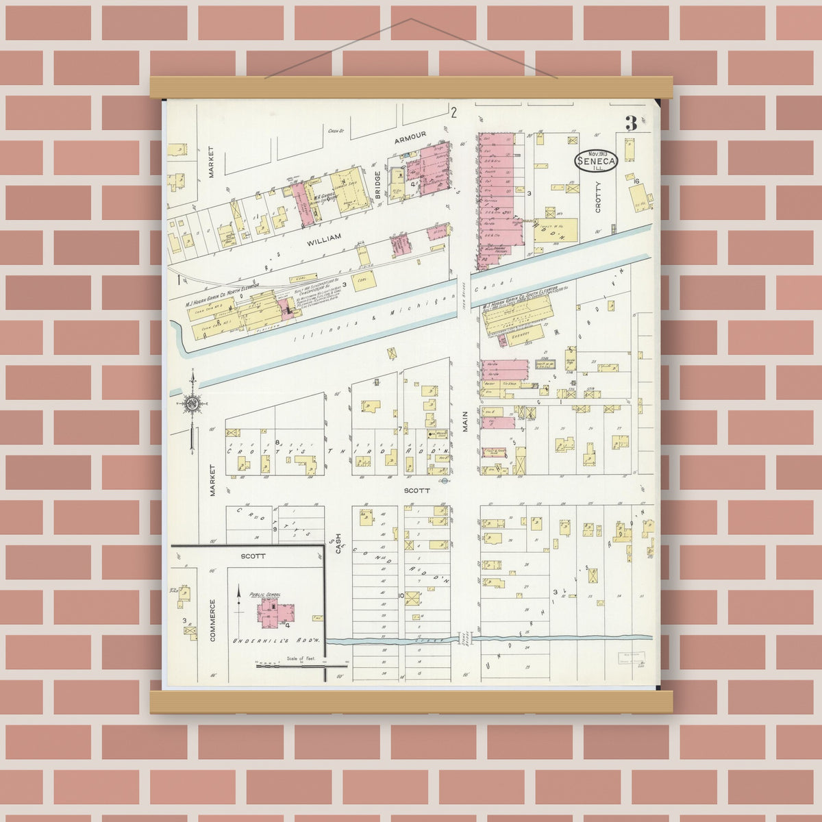Old map wall art mockup — magnetic wood frame on brick wall — Sanborn Fire Insurance Map from Seneca, La Salle County, Illinois (1913), Sheet #0003