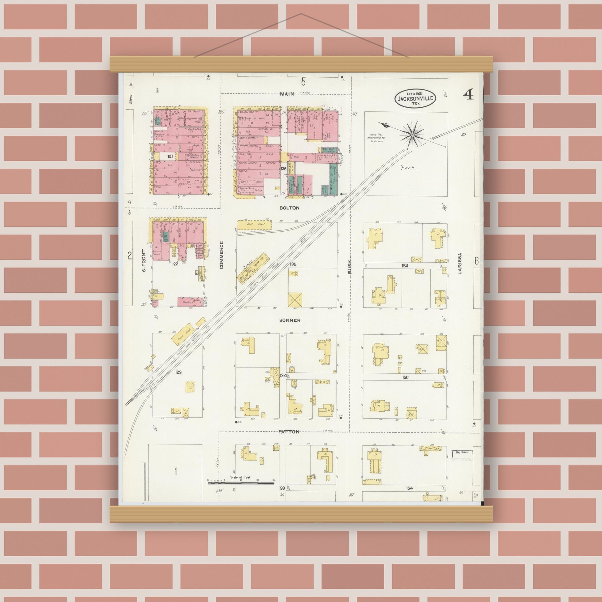Old map wall art mockup — magnetic wood frame on brick wall — Sanborn Fire Insurance Map from Jacksonville, Cherokee County, Texas (1906), Sheet #0004