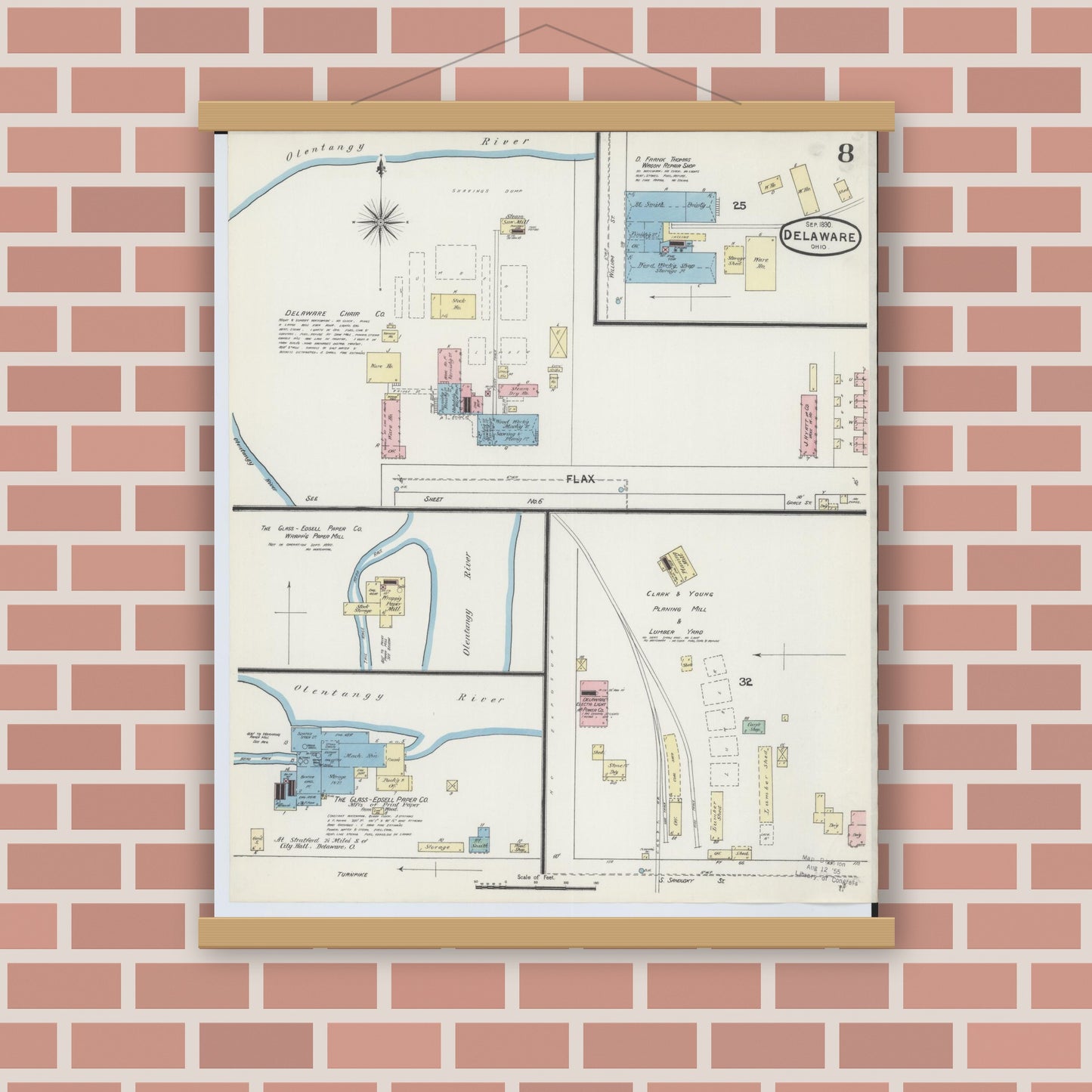 Old map wall art mockup — magnetic wood frame on brick wall — Sanborn Fire Insurance Map from Delaware, Delaware County, Ohio (1890), Sheet #0008