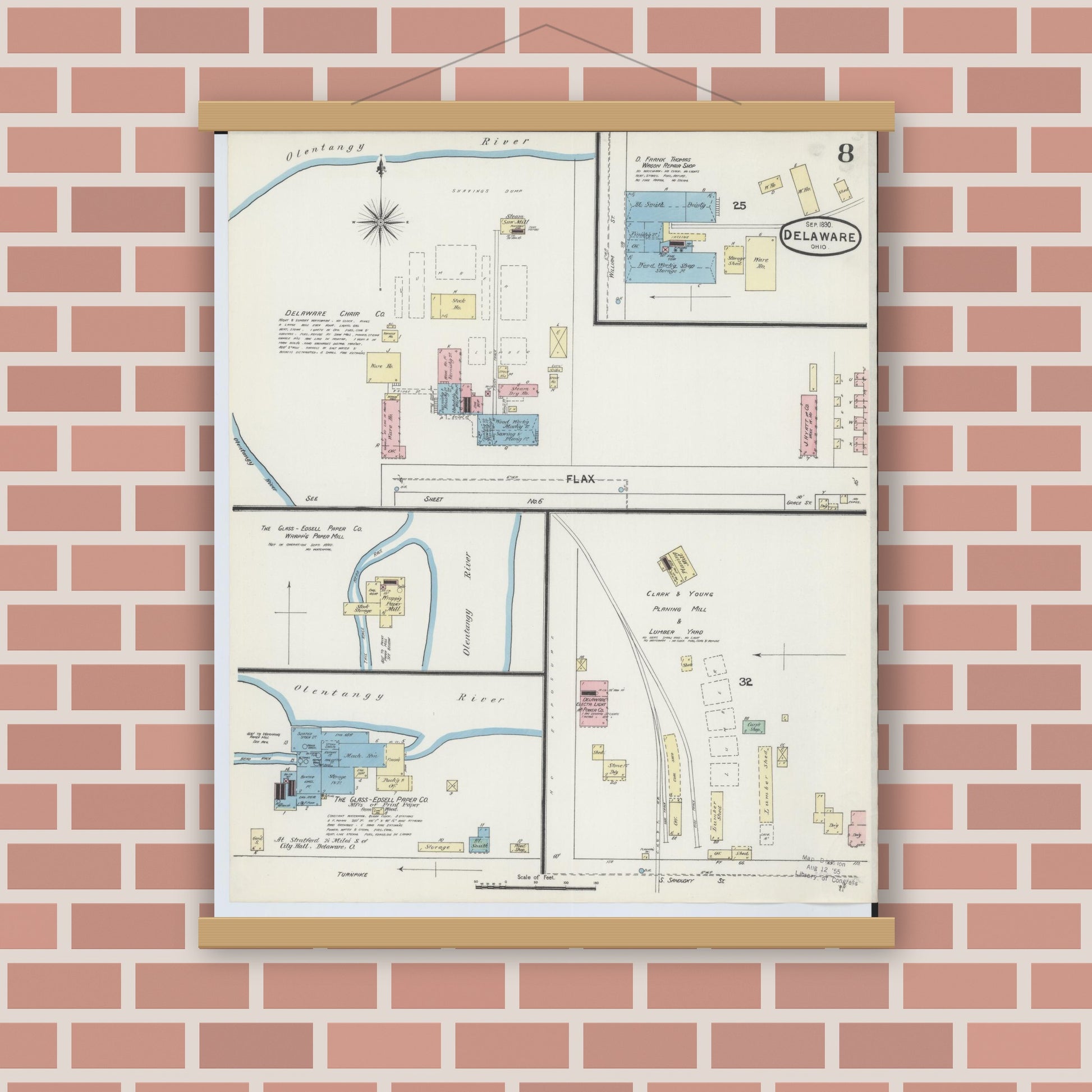 Old map wall art mockup — magnetic wood frame on brick wall — Sanborn Fire Insurance Map from Delaware, Delaware County, Ohio (1890), Sheet #0008