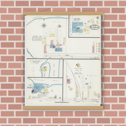 Old map wall art mockup — magnetic wood frame on brick wall — Sanborn Fire Insurance Map from Delaware, Delaware County, Ohio (1890), Sheet #0008