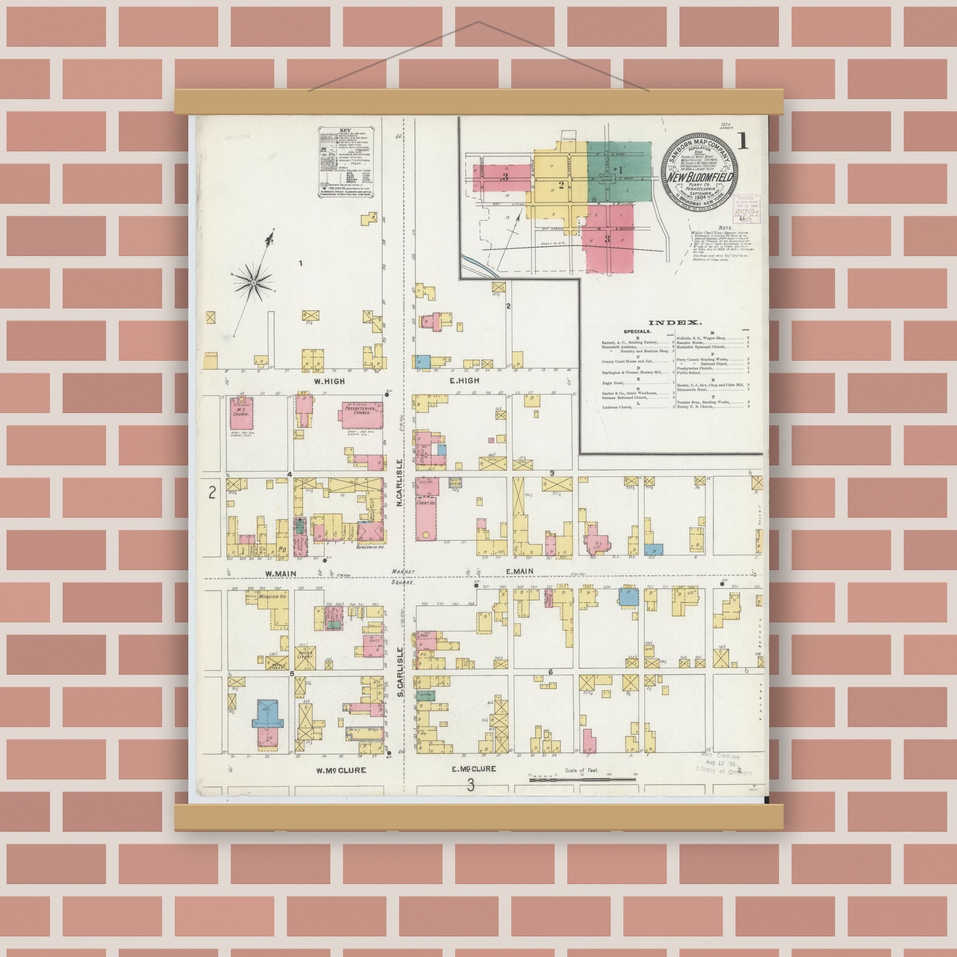 Old map wall art mockup — magnetic wood frame on brick wall — Sanborn Fire Insurance Map from New Bloomfield, Perry County, Pennsylvania (1904) - Complete Map Set