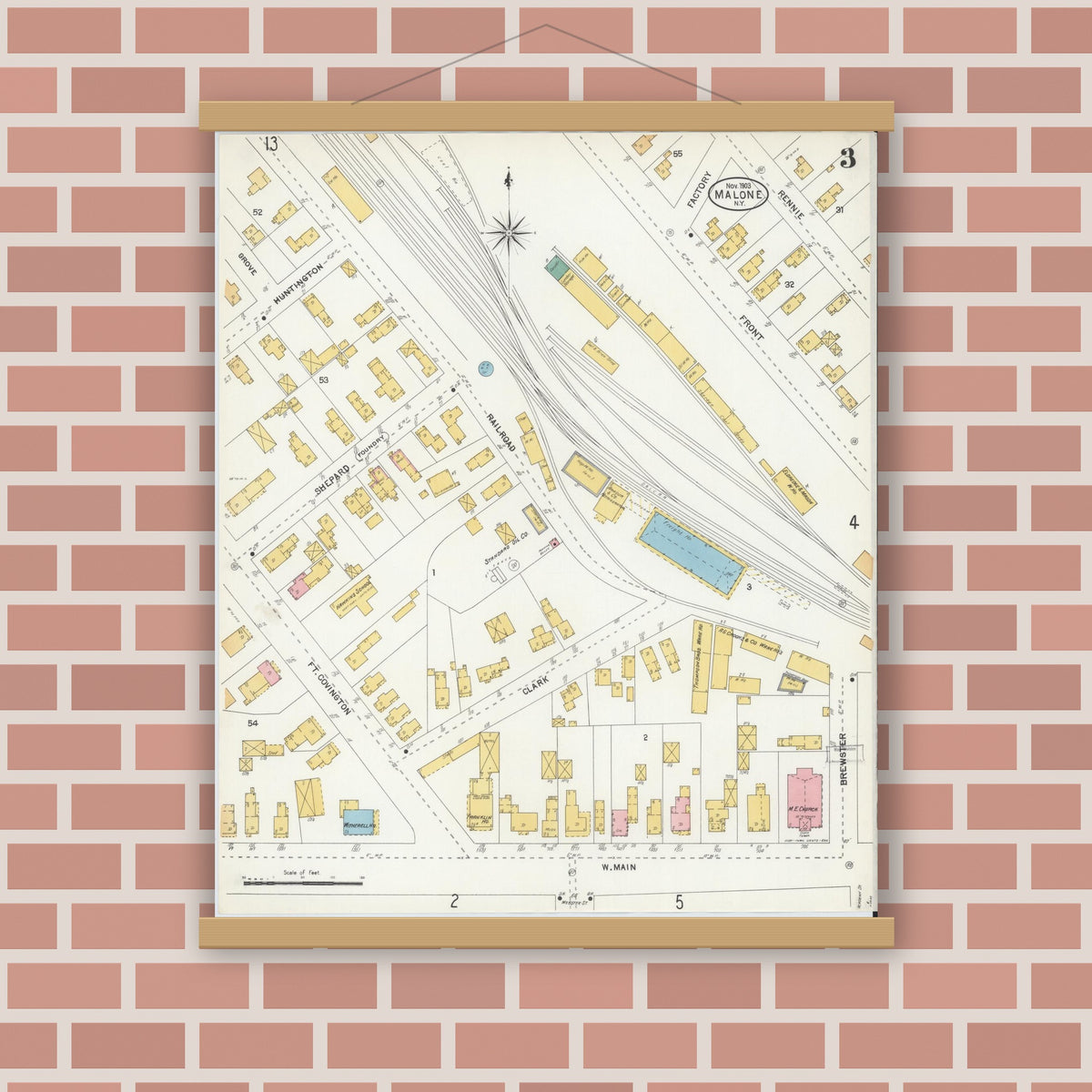 Old map wall art mockup — magnetic wood frame on brick wall — Sanborn Fire Insurance Map from Malone, Franklin County, New York (1903), Sheet #0003