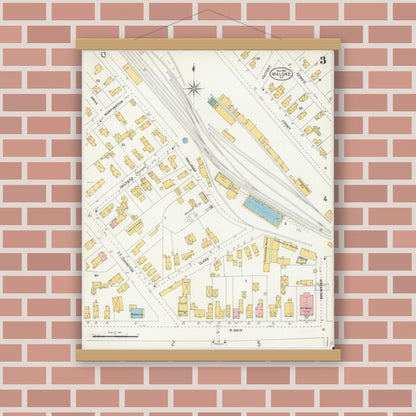 Old map wall art mockup — magnetic wood frame on brick wall — Sanborn Fire Insurance Map from Malone, Franklin County, New York (1903), Sheet #0003