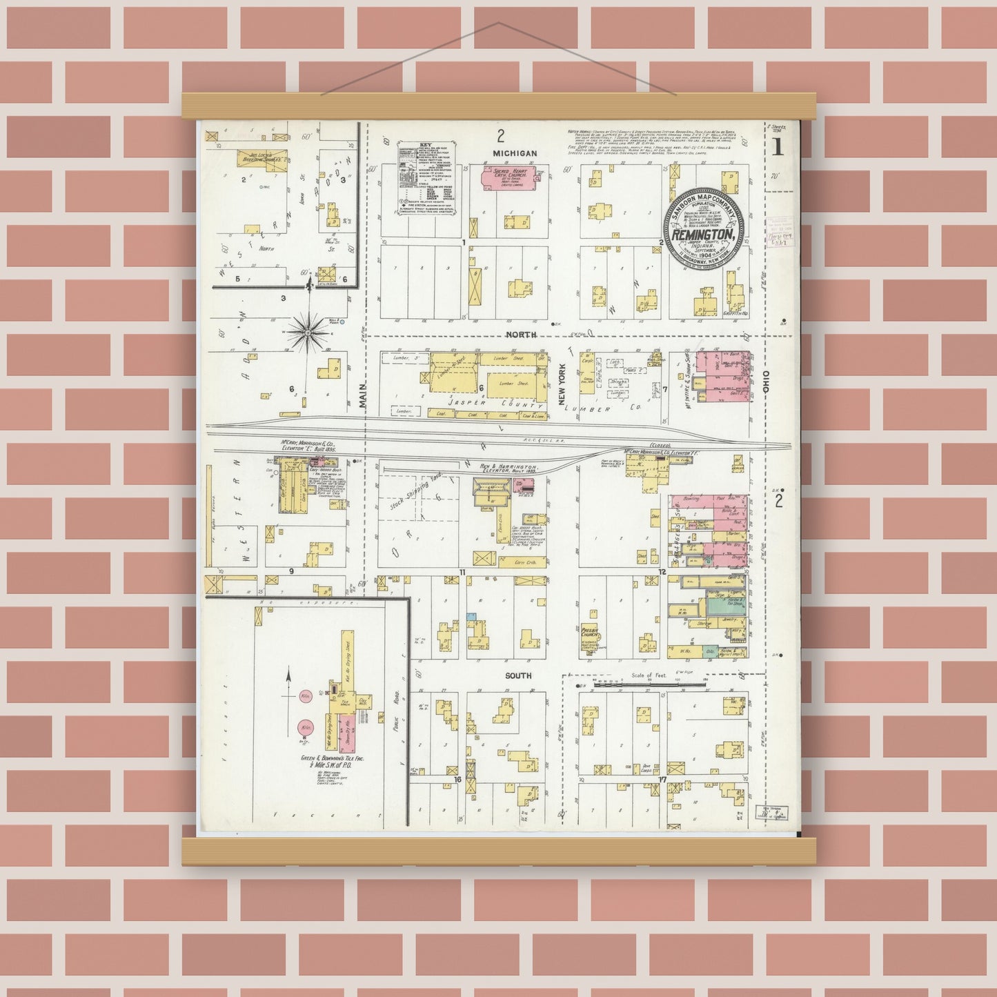 Old map wall art mockup — magnetic wood frame on brick wall — Sanborn Fire Insurance Map from Remington, Jasper County, Indiana (1904), Sheet #0001
