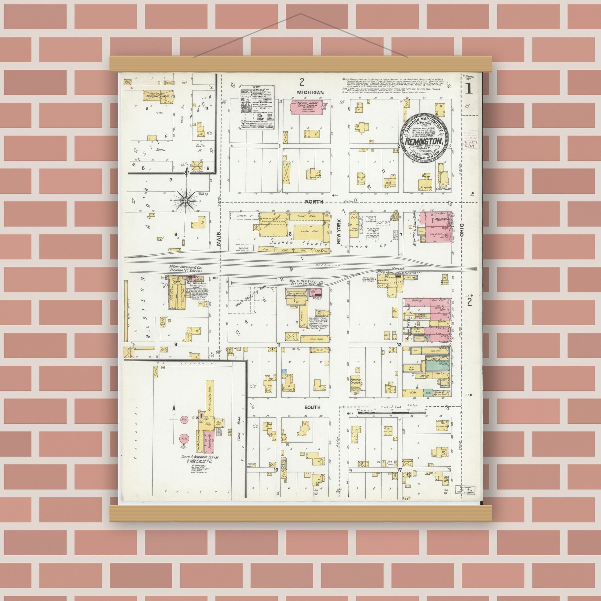 Old map wall art mockup — magnetic wood frame on brick wall — Sanborn Fire Insurance Map from Remington, Jasper County, Indiana (1904), Sheet #0001