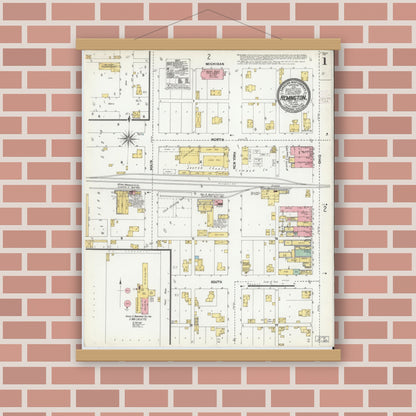 Old map wall art mockup — magnetic wood frame on brick wall — Sanborn Fire Insurance Map from Remington, Jasper County, Indiana (1904), Sheet #0001